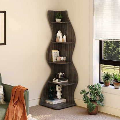 Modern 5 Shelf Corner Bookcase | Grey Wood Storage Unit for Office & Living Room