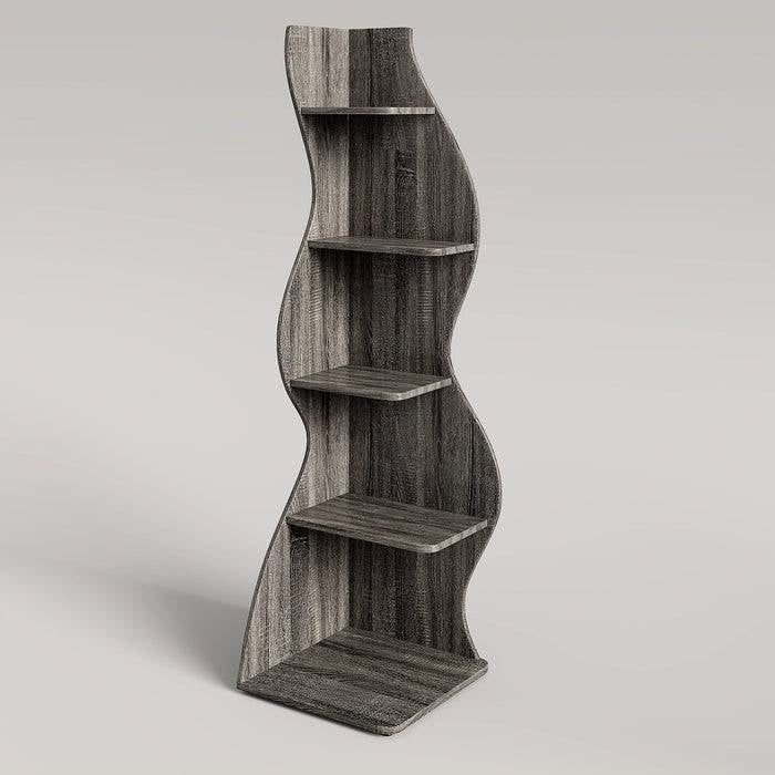 Modern 5 Shelf Corner Bookcase | Grey Wood Storage Unit for Office & Living Room