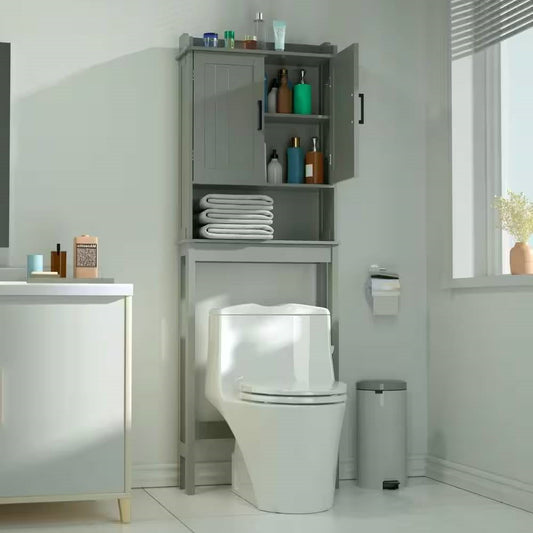 Over-Toilet Bathroom Storage Cabinet | Grey Wood, 3-Shelf Organizer