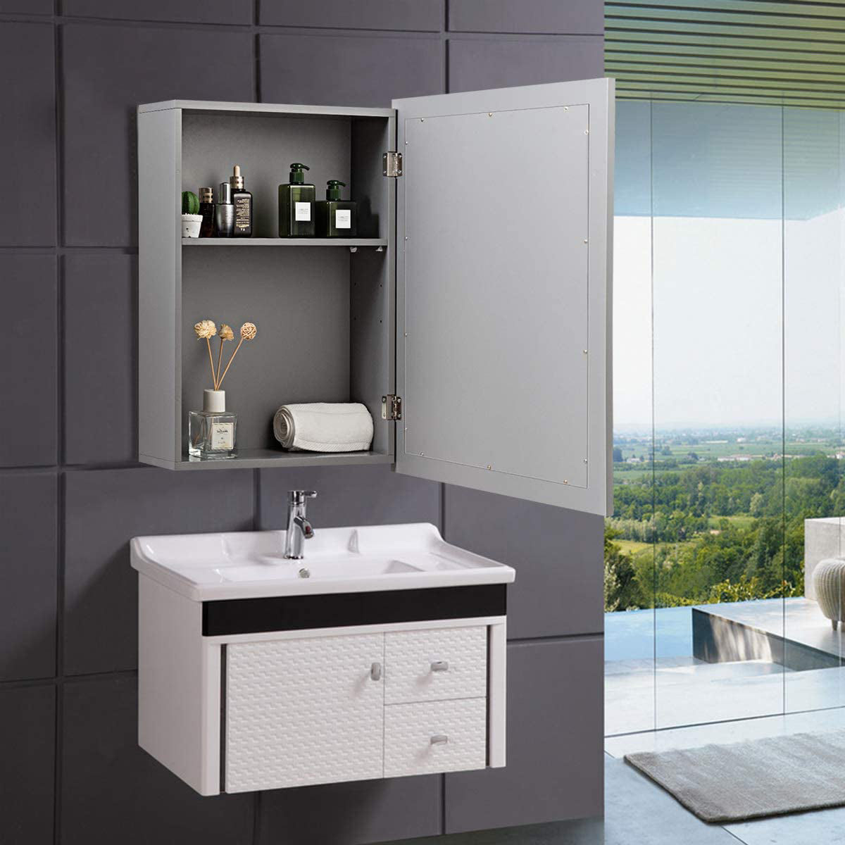 Wall-Mounted Mirrored Medicine Cabinet - Bathroom Storage Mirror | Gray Medicine Cabinet