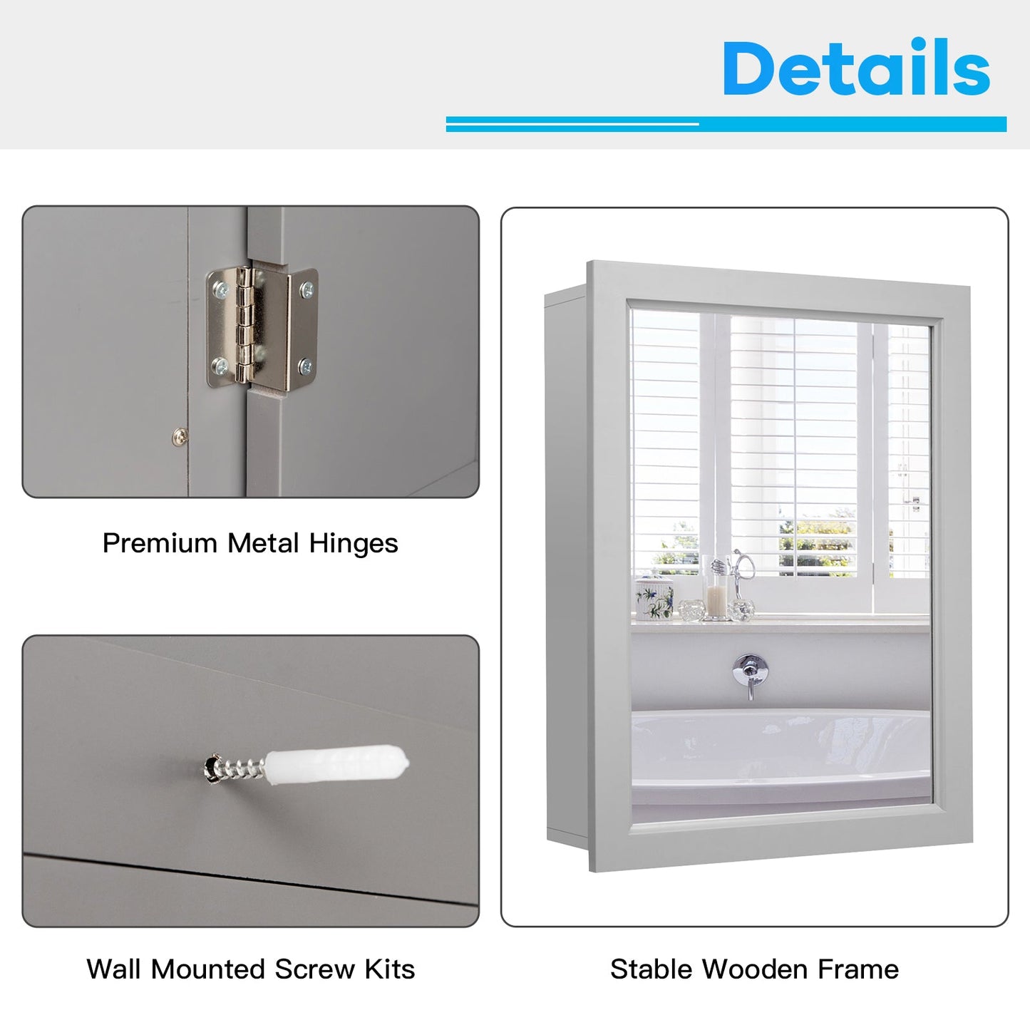 Wall-Mounted Mirrored Medicine Cabinet - Bathroom Storage Mirror | Gray Medicine Cabinet