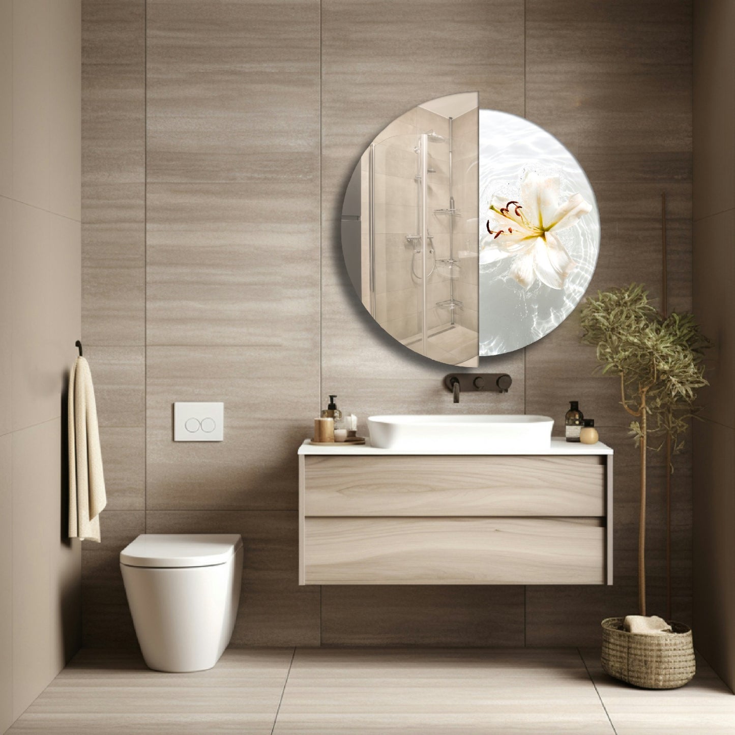 Modern Round Wall Mirror – Half Mirror Half Tempered Glass, Artistic Statement Mirror