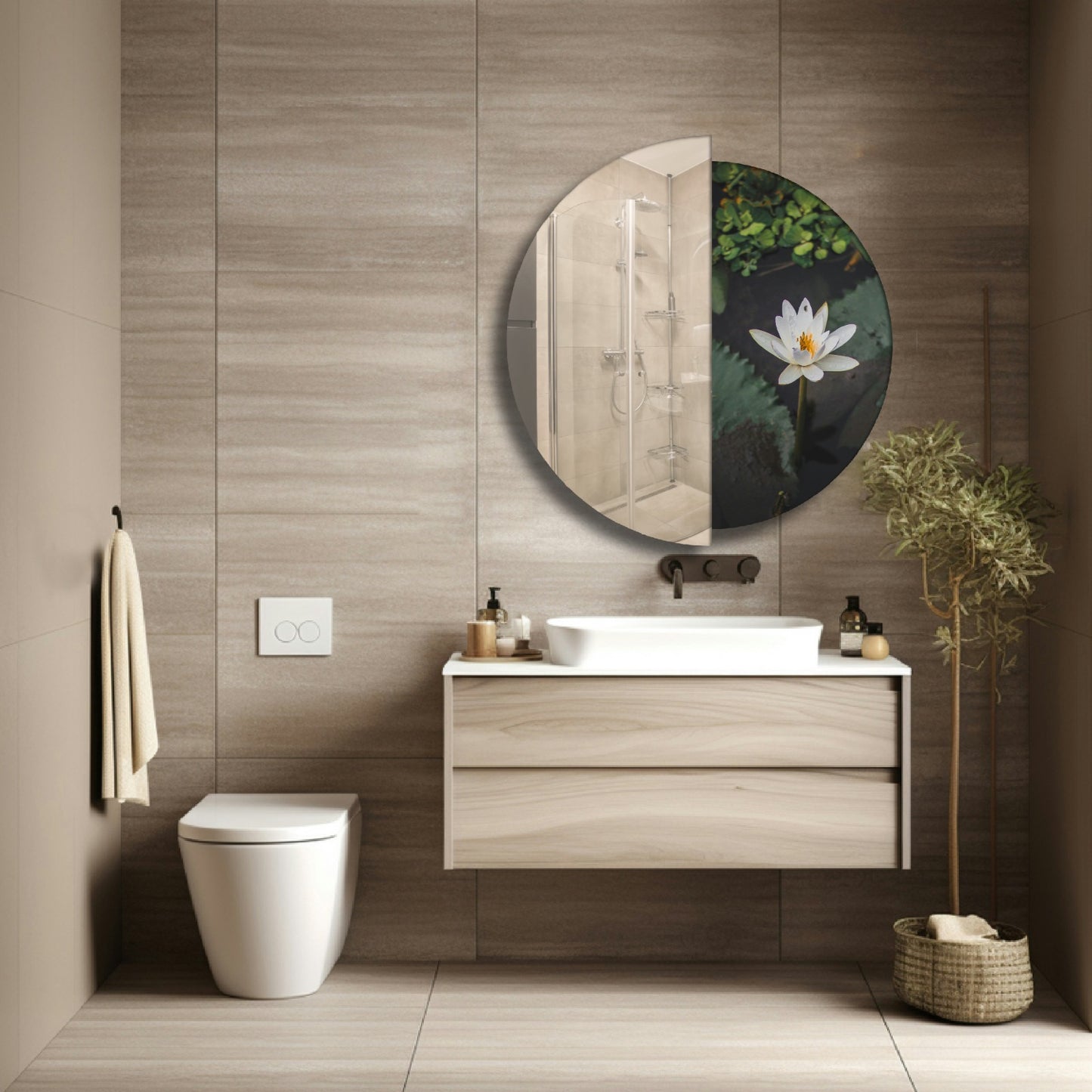 Modern Round Wall Mirror – Half Mirror Half Tempered Glass, Artistic Statement Mirror