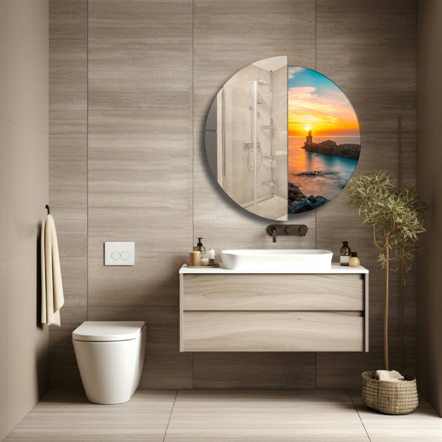 Modern Round Wall Mirror – Half Mirror Half Tempered Glass, Artistic Statement Mirror