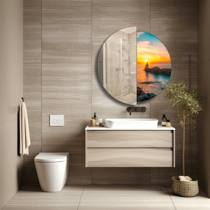 Modern Round Wall Mirror – Half Mirror Half Tempered Glass, Artistic Statement Mirror