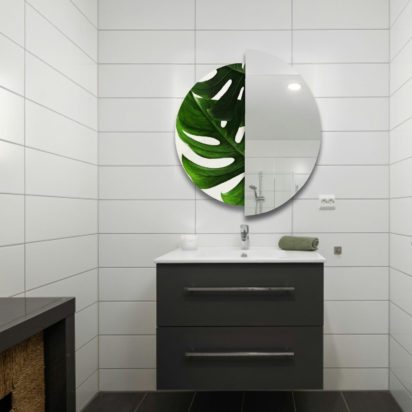 Modern Round Wall Mirror – Half Mirror Half Tempered Glass, Artistic Statement Mirror