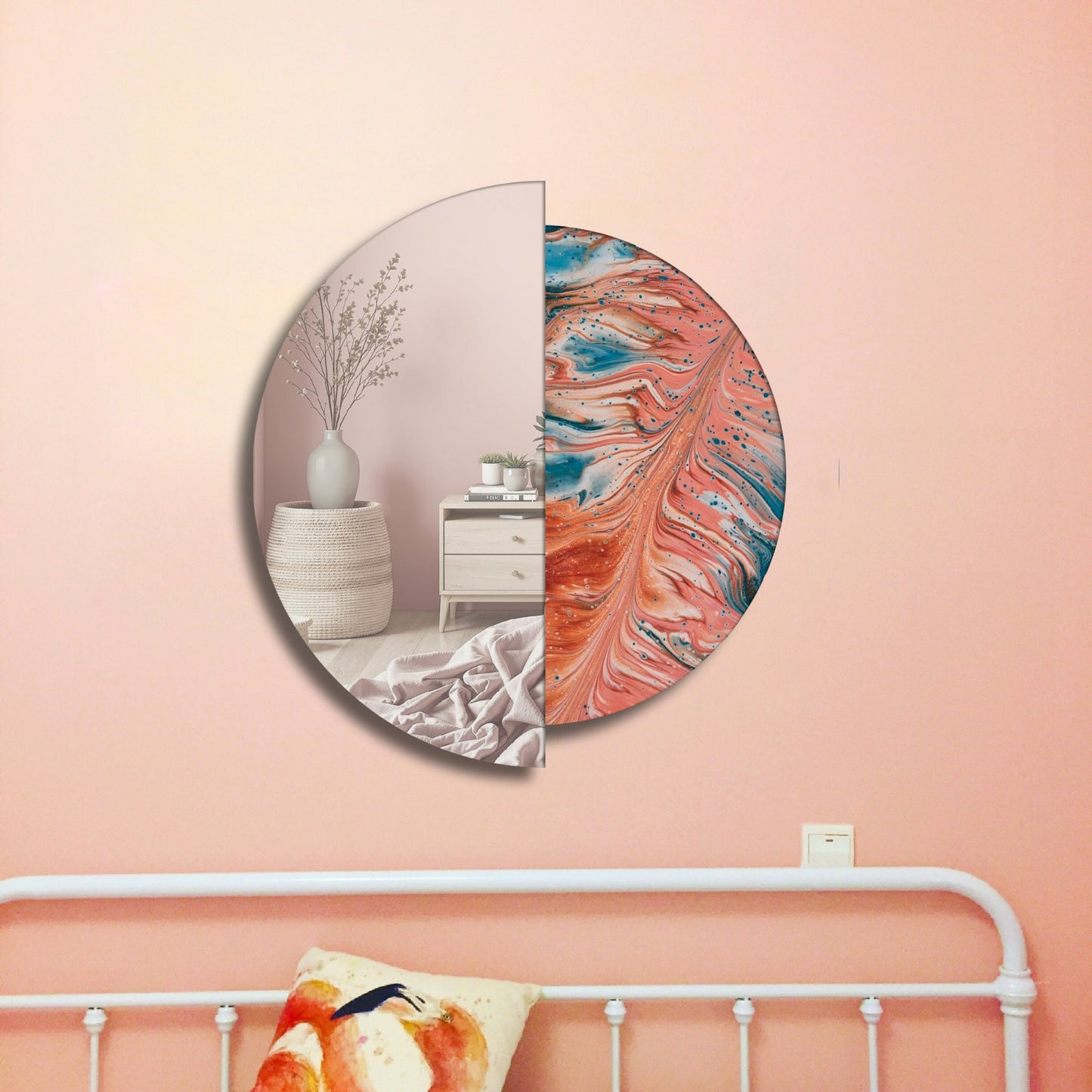 Modern Round Wall Mirror – Half Mirror Half Tempered Glass, Artistic Statement Mirror