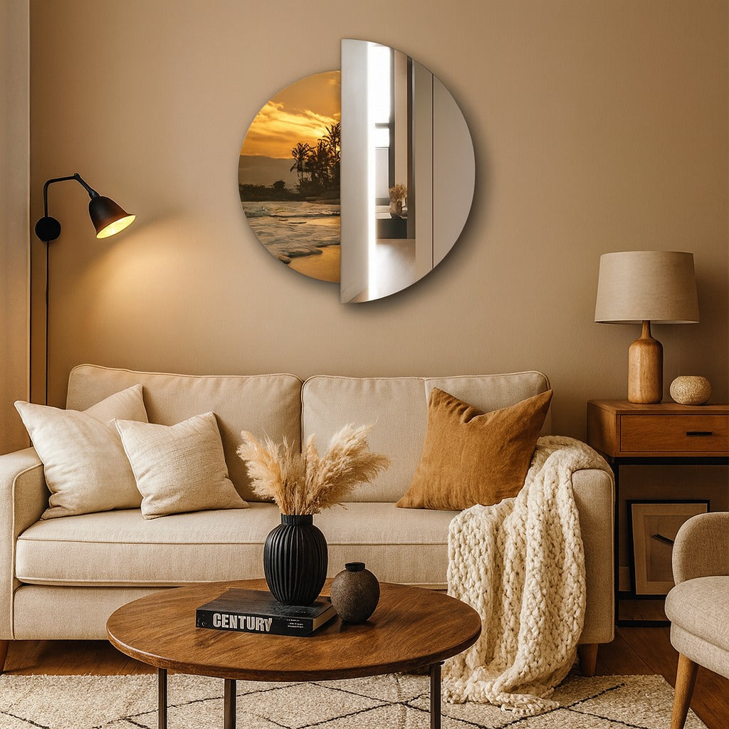 Modern Round Wall Mirror – Half Mirror Half Tempered Glass, Artistic Statement Mirror