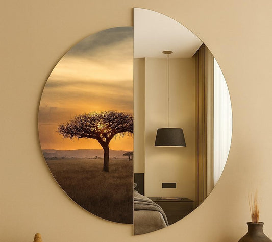 Modern Round Wall Mirror – Half Mirror Half Tempered Glass, Artistic Statement Mirror