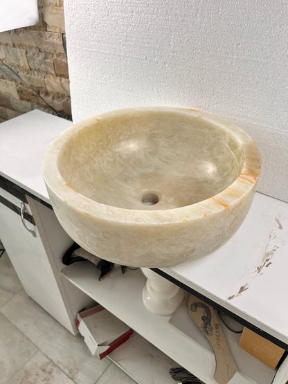 Marble Sink Green Onyx Stone Vessel – Handcrafted Round Bathroom Basin (40×40×15 cm)