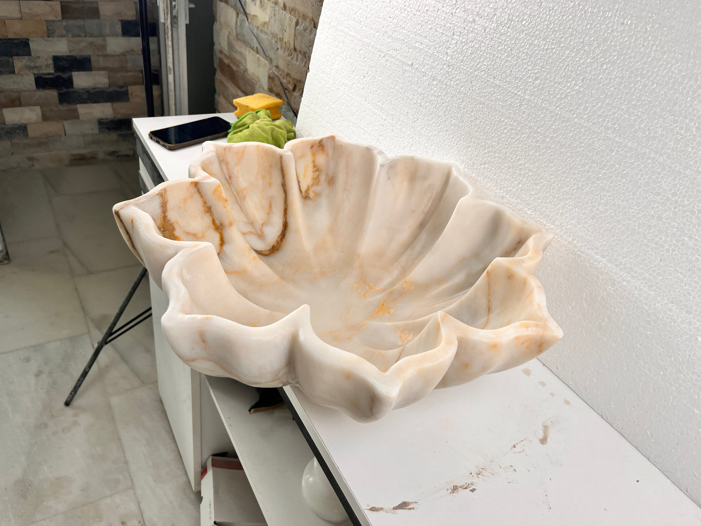 Marble Sink Stone Vessel Sink – Carrara Marble Leaf Bathroom Basin, Hand-Carved Natural Marble