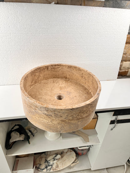 Marble Sink – Natural Stone Vessel Sink Travertine Noce Round 17"x17"x6" (43x43x15 cm) Hand-Carved Bowl