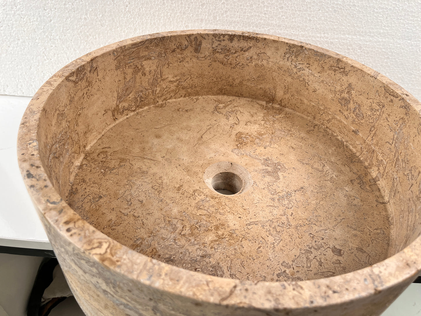 Marble Sink – Natural Stone Vessel Sink Travertine Noce Round 17"x17"x6" (43x43x15 cm) Hand-Carved Bowl
