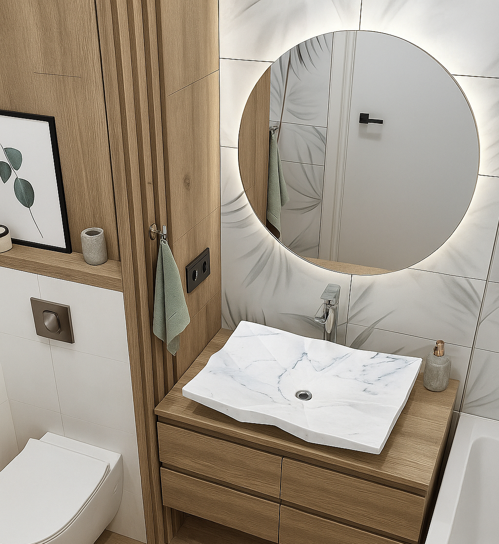 Luxury Marble Vessel Sink – Modern Geometric Stone Bathroom Basin, Hand-Carved Vanity Bowl 21.6"x17.7"x5.5" (55x45x14 cm)