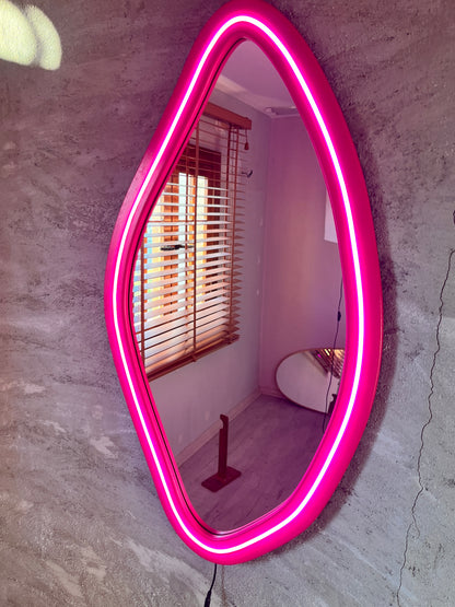 Neon LED Wavy Wall Mirror – Modern Irregular Shape MDF Frame Mirror | Decorative Accent for Bedroom & Living Room