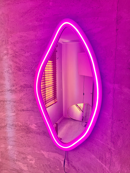 Neon LED Wavy Wall Mirror – Modern Irregular Shape MDF Frame Mirror | Decorative Accent for Bedroom & Living Room