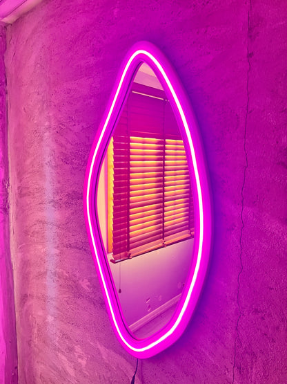 Neon LED Wavy Wall Mirror – Modern Irregular Shape MDF Frame Mirror | Decorative Accent for Bedroom & Living Room