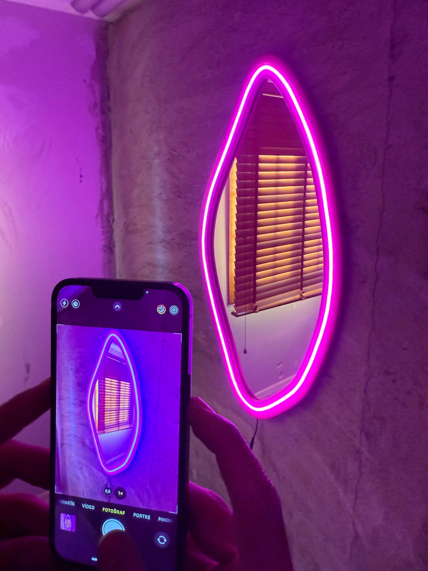 Neon LED Wavy Wall Mirror – Modern Irregular Shape MDF Frame Mirror | Decorative Accent for Bedroom & Living Room