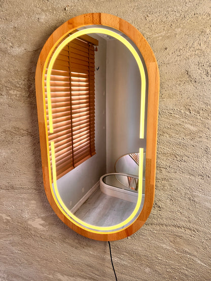 Handmade Beech Wood Framed LED Capsule Mirror Dimmable Lighted Wall Mirror