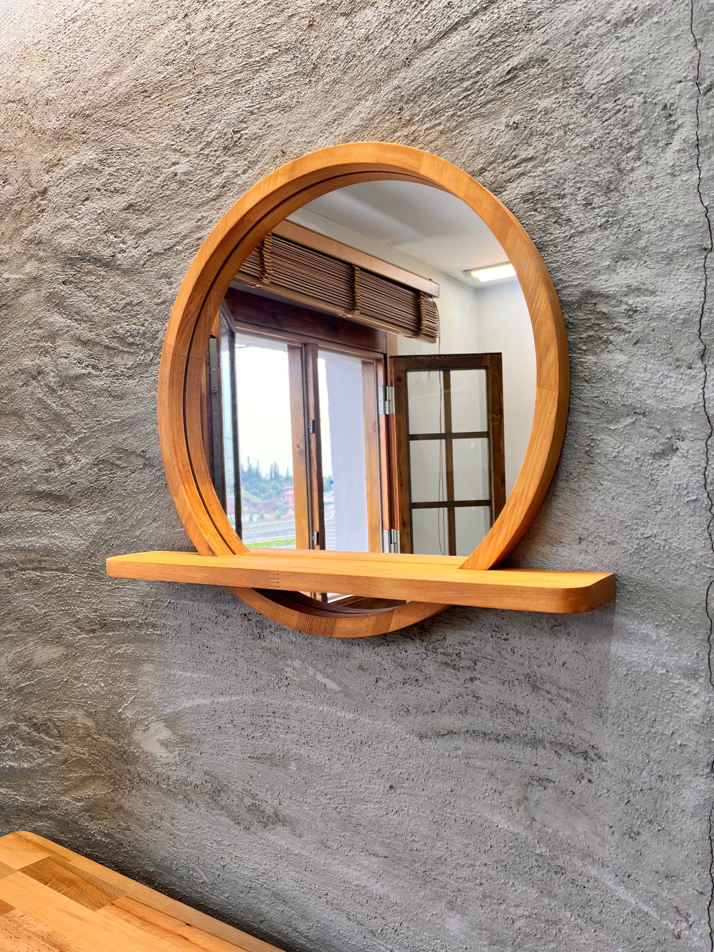 Solid Beech Wood Round Mirror with Shelf – Scandinavian Entryway Bathroom Mirror