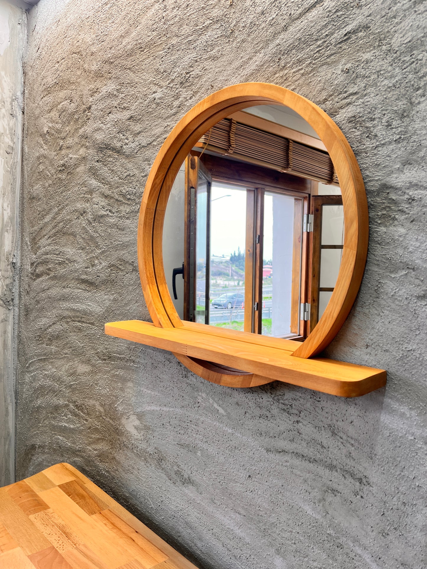 Solid Beech Wood Round Mirror with Shelf – Scandinavian Entryway Bathroom Mirror