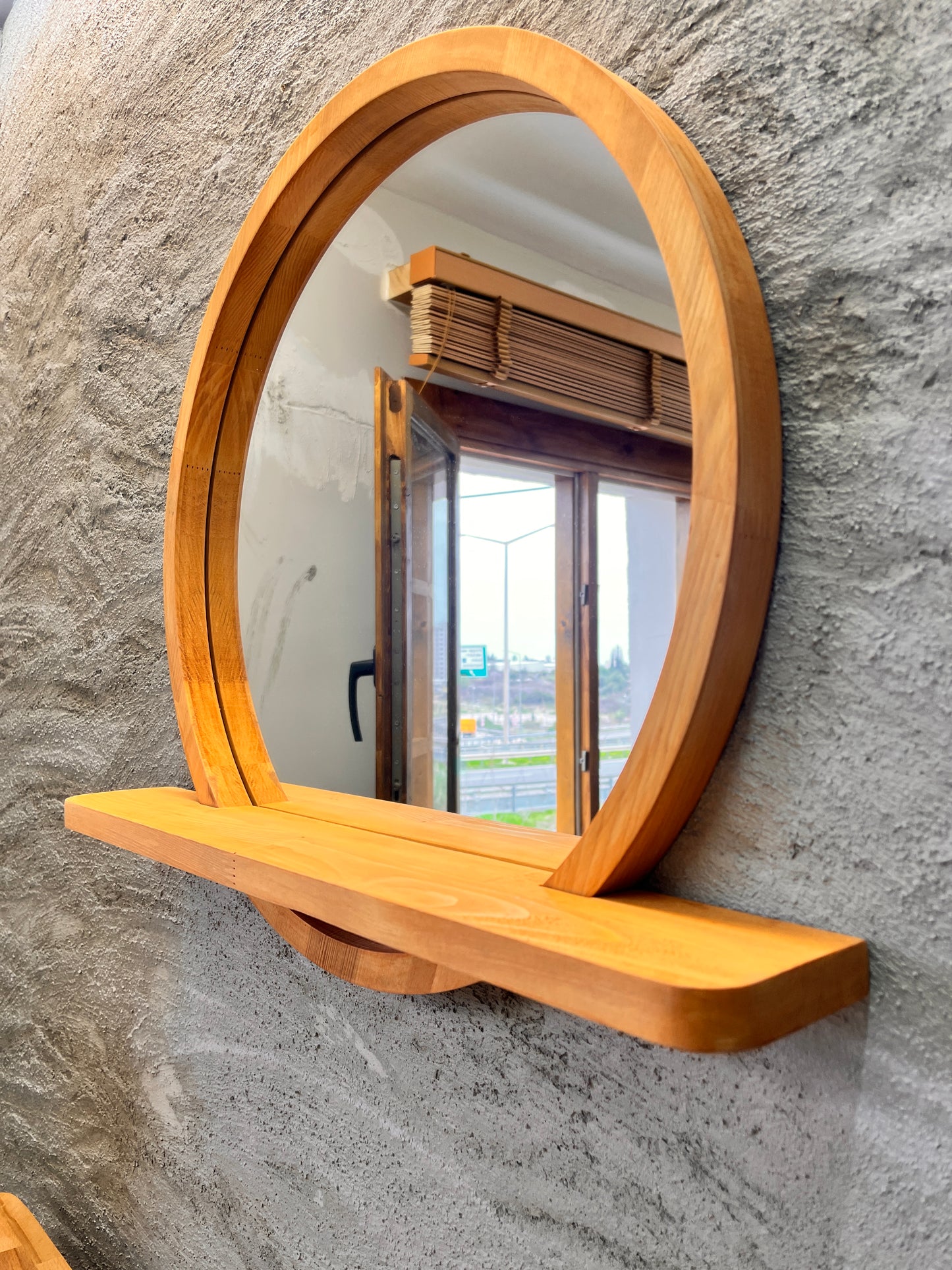 Solid Beech Wood Round Mirror with Shelf – Scandinavian Entryway Bathroom Mirror