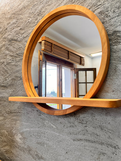 Solid Beech Wood Round Mirror with Shelf – Scandinavian Entryway Bathroom Mirror