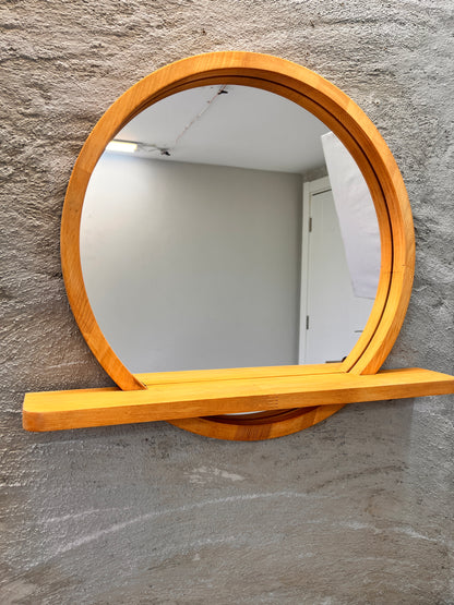 Solid Beech Wood Round Mirror with Shelf – Scandinavian Entryway Bathroom Mirror