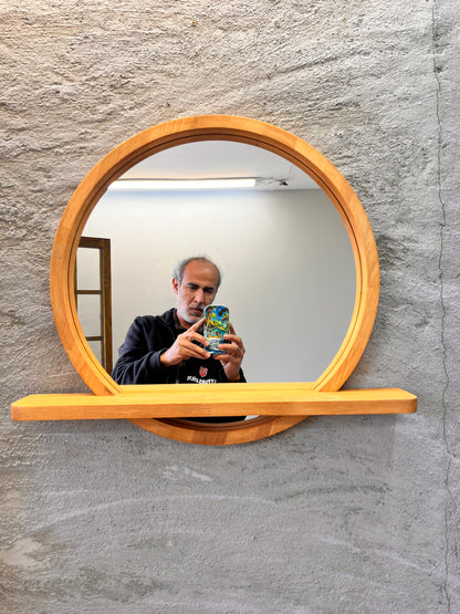 Solid Beech Wood Round Mirror with Shelf – Scandinavian Entryway Bathroom Mirror
