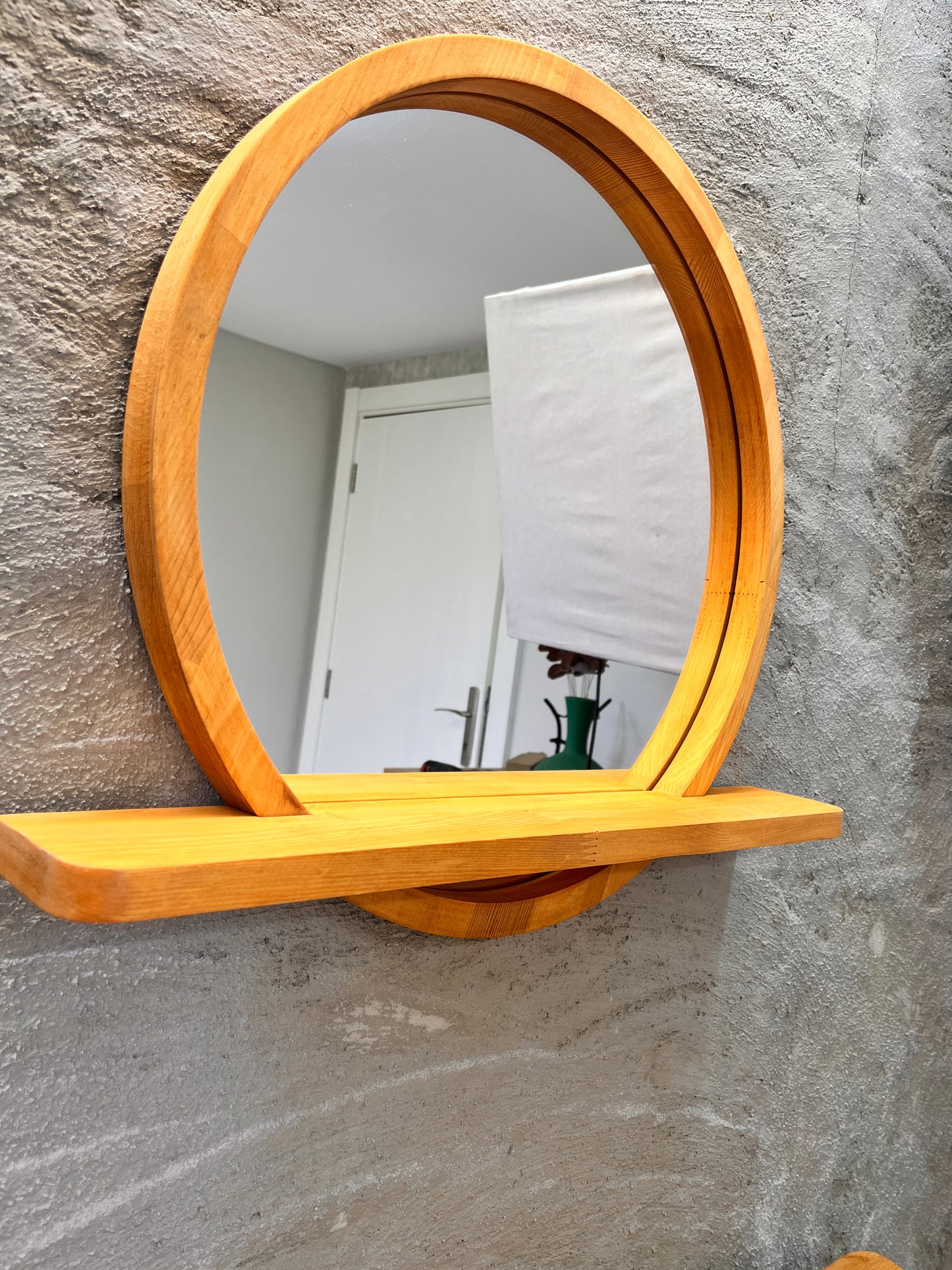 Solid Beech Wood Round Mirror with Shelf – Scandinavian Entryway Bathroom Mirror