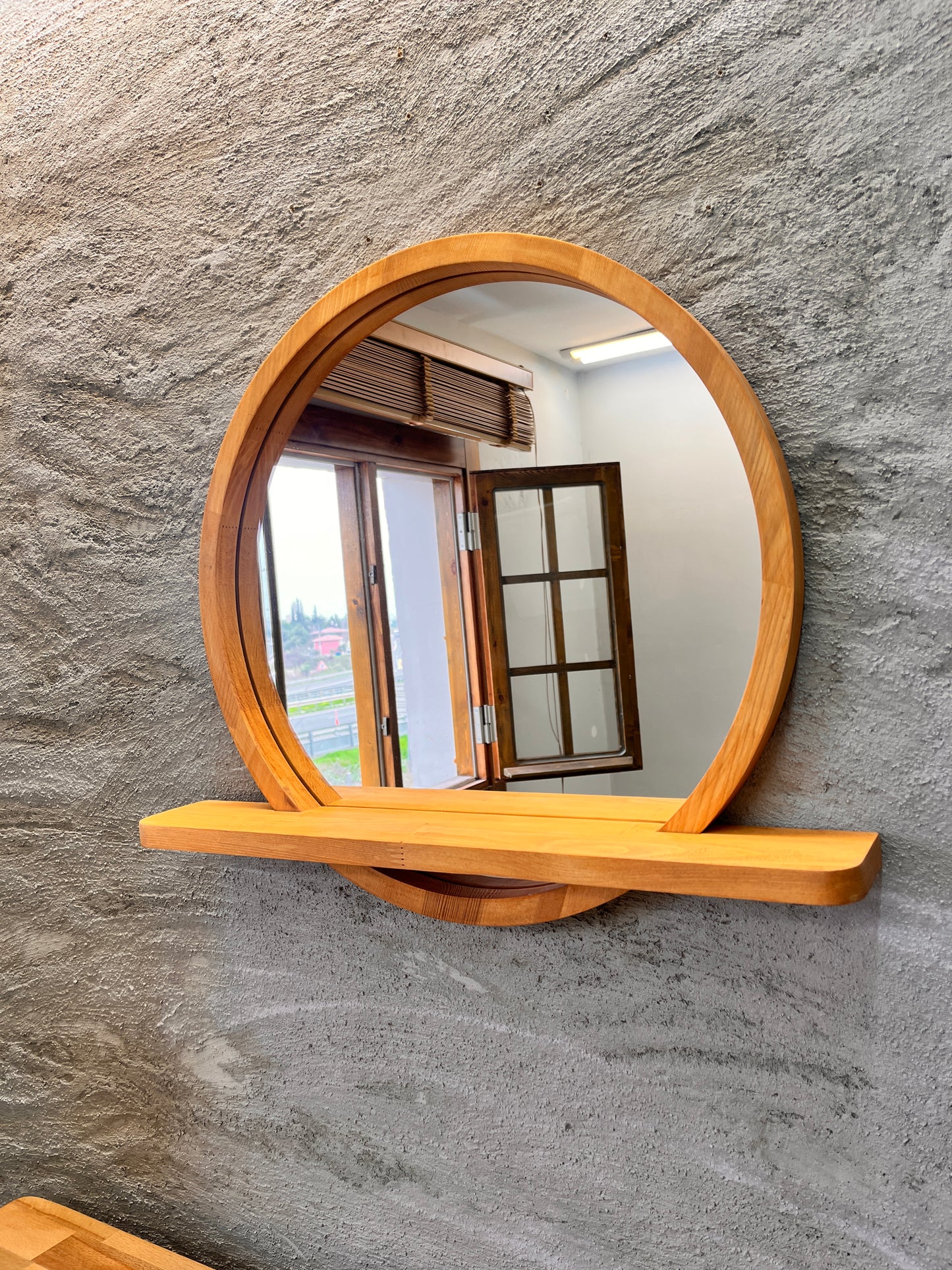 Solid Beech Wood Round Mirror with Shelf – Scandinavian Entryway Bathroom Mirror