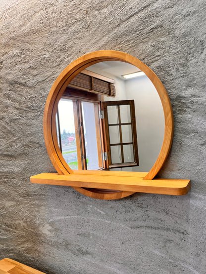 Solid Beech Wood Round Mirror with Shelf – Scandinavian Entryway Bathroom Mirror