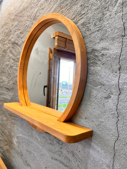 Solid Beech Wood Round Mirror with Shelf – Scandinavian Entryway Bathroom Mirror