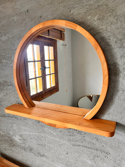 Solid Beech Wood Round Mirror with Shelf – Scandinavian Entryway Bathroom Mirror