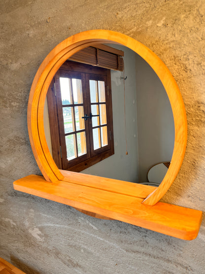 Solid Beech Wood Round Mirror with Shelf – Scandinavian Entryway Bathroom Mirror
