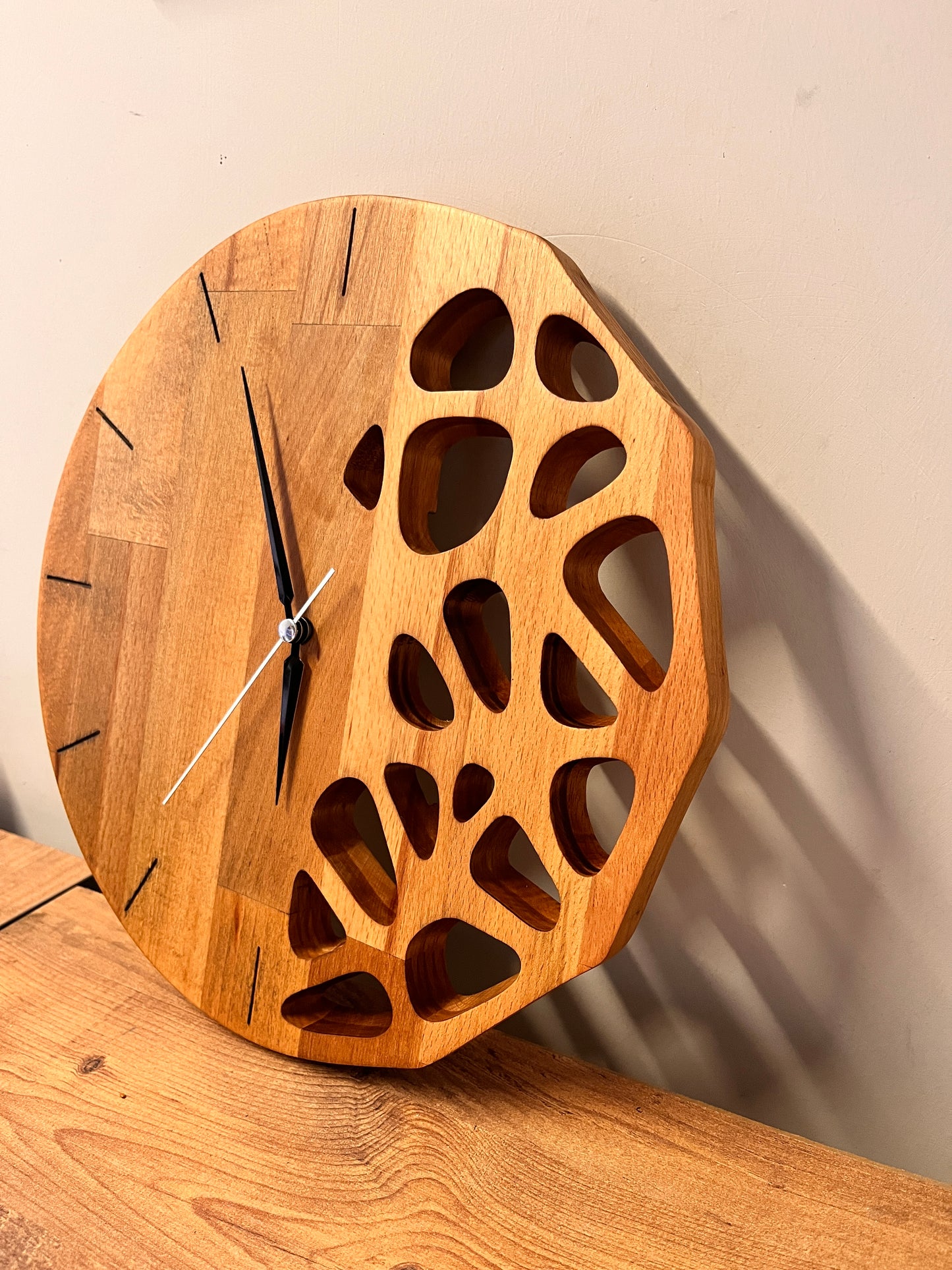 Handmade Beech Wood Wall Clock – Modern Carved Design, Minimalist Home Decor (12x12 inches)