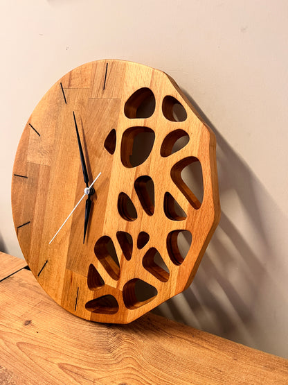Handmade Beech Wood Wall Clock – Modern Carved Design, Minimalist Home Decor (12x12 inches)