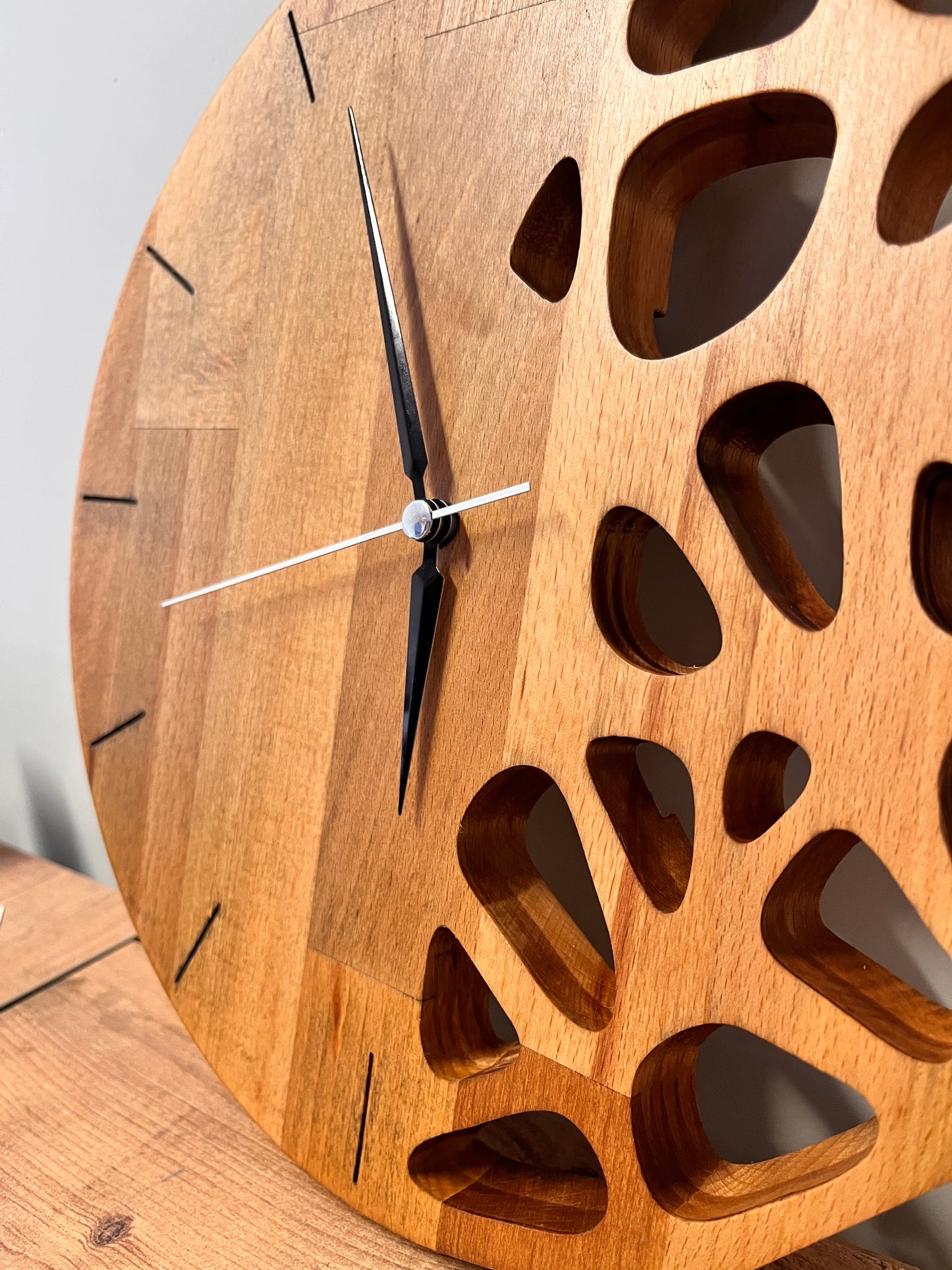 Handmade Beech Wood Wall Clock – Modern Carved Design, Minimalist Home Decor (12x12 inches)