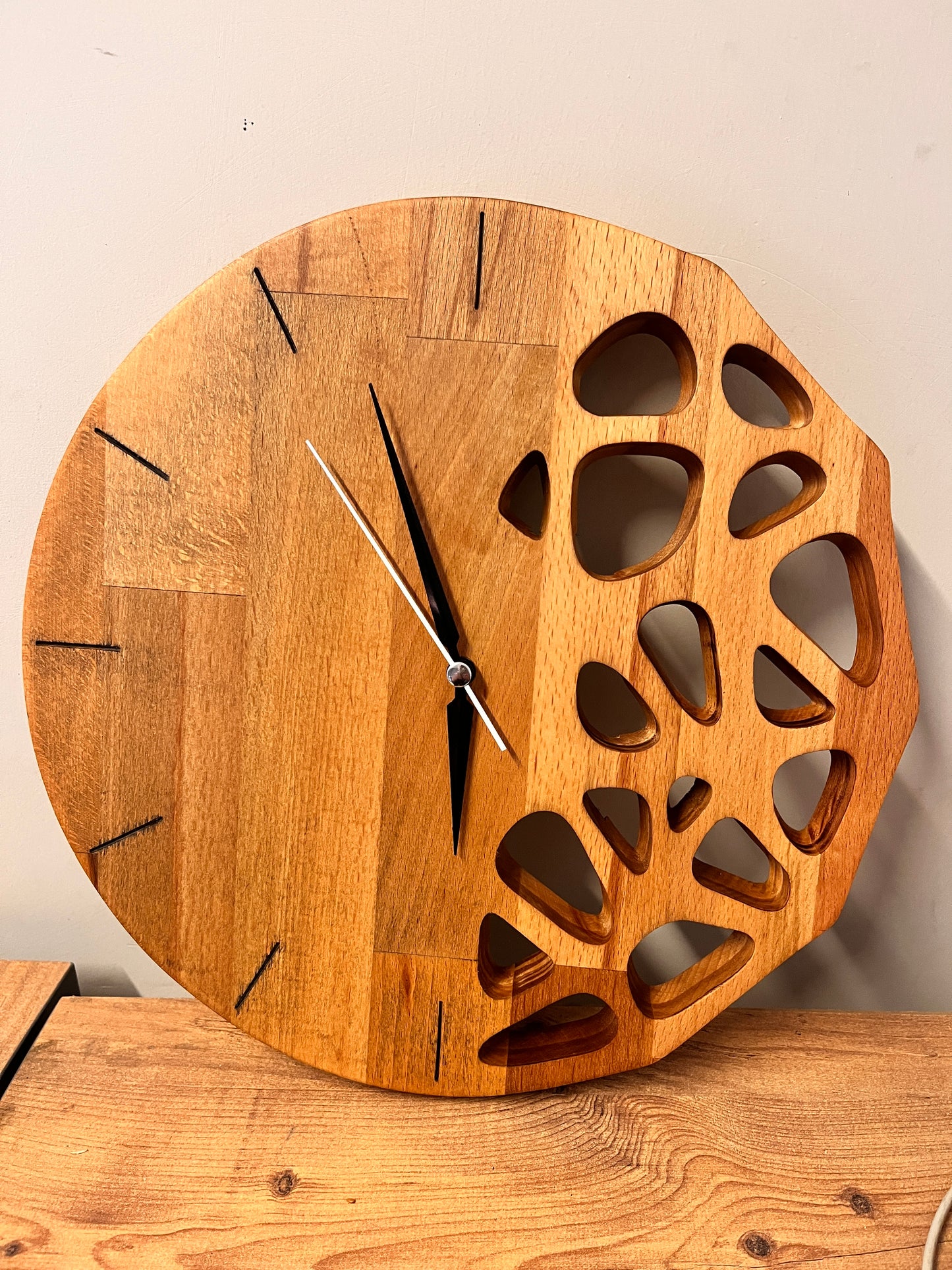 Handmade Beech Wood Wall Clock – Modern Carved Design, Minimalist Home Decor (12x12 inches)