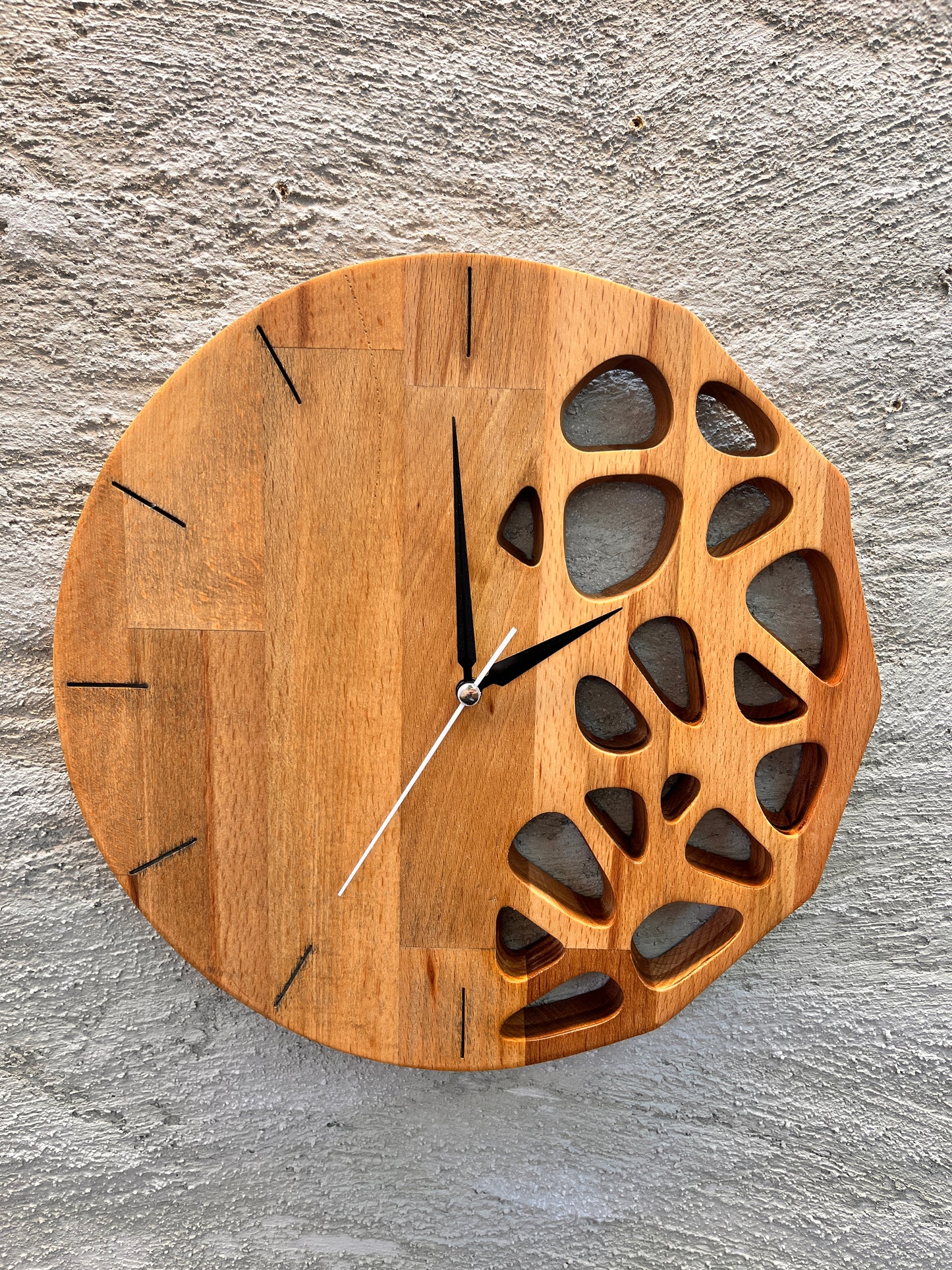 Handmade Beech Wood Wall Clock – Modern Carved Design, Minimalist Home Decor (12x12 inches)