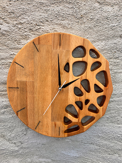 Handmade Beech Wood Wall Clock – Modern Carved Design, Minimalist Home Decor (12x12 inches)