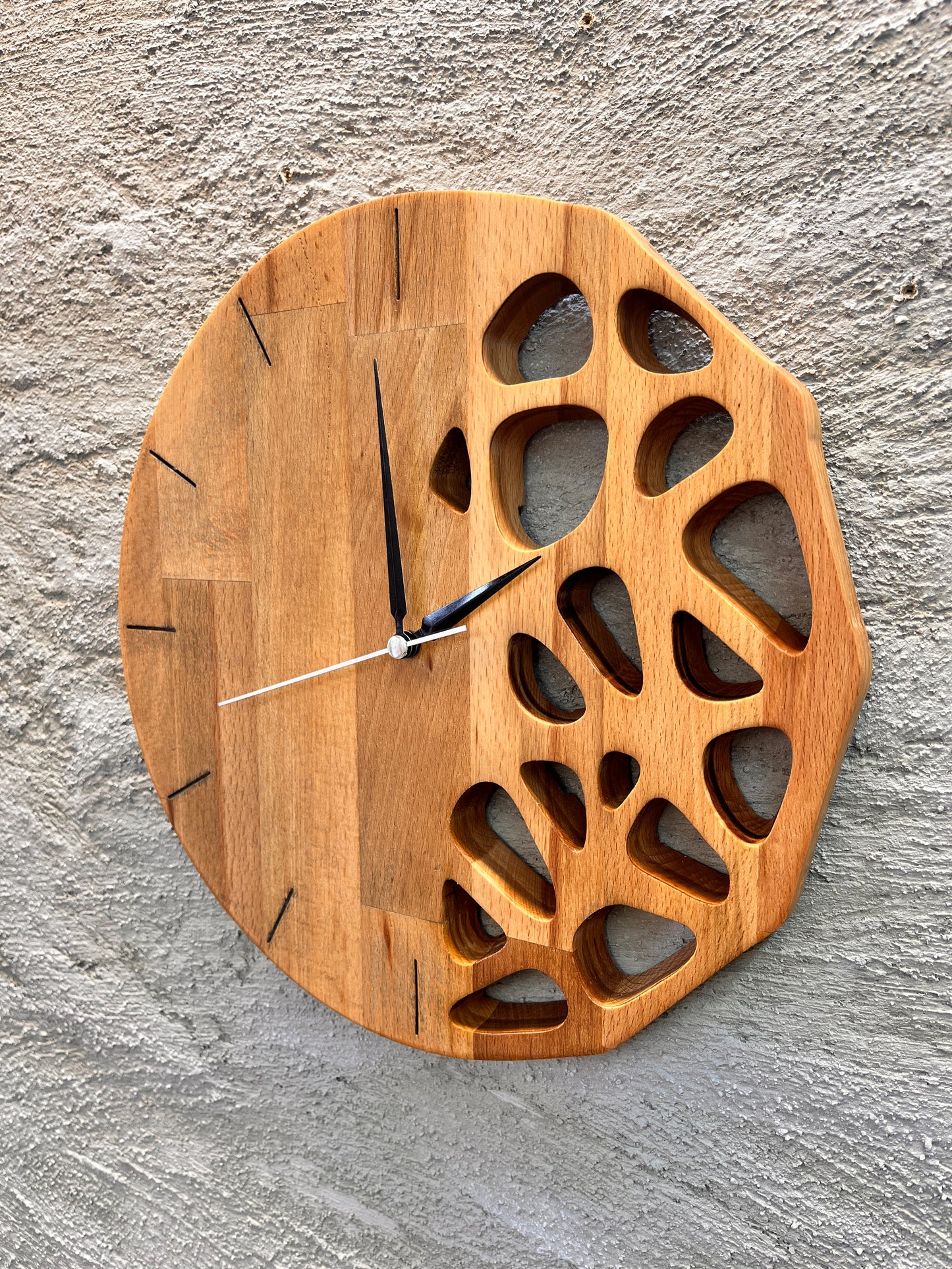 Handmade Beech Wood Wall Clock – Modern Carved Design, Minimalist Home Decor (12x12 inches)