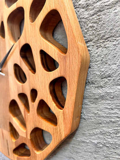 Handmade Beech Wood Wall Clock – Modern Carved Design, Minimalist Home Decor (12x12 inches)