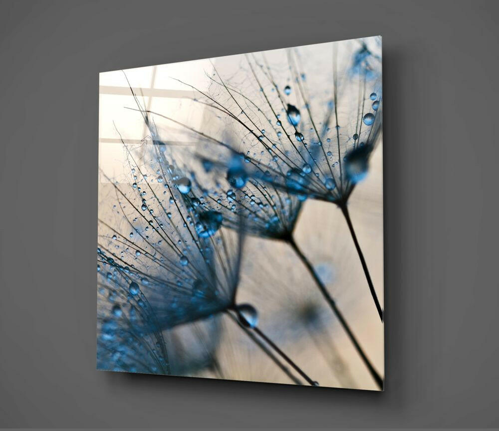 Blue Dewdrop Dandelion Glass Wall Art