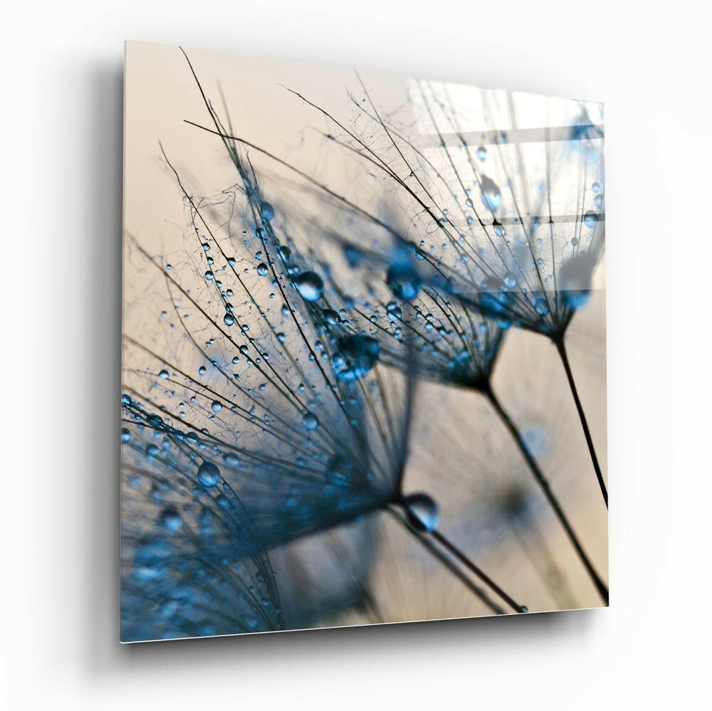 Blue Dewdrop Dandelion Glass Wall Art