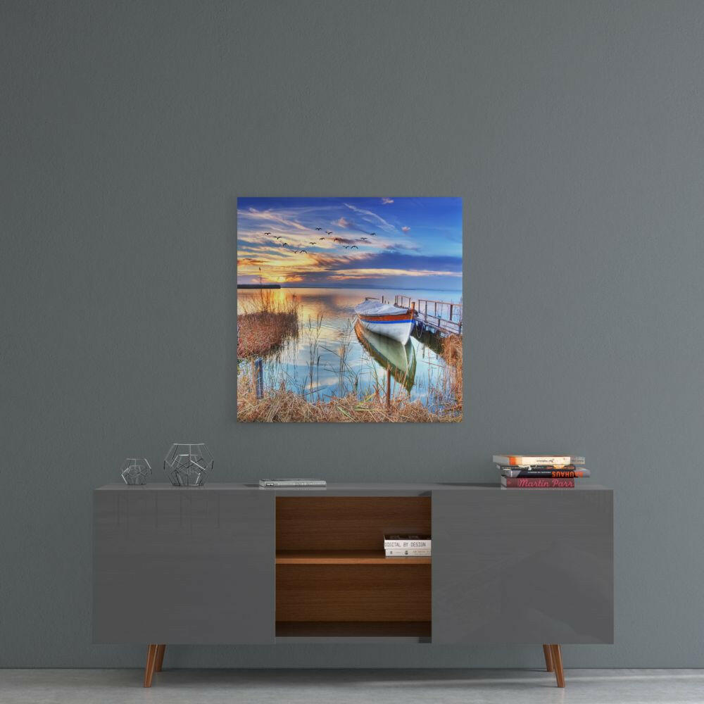 Moored Boat In Lake Reeds Glass Wall Art