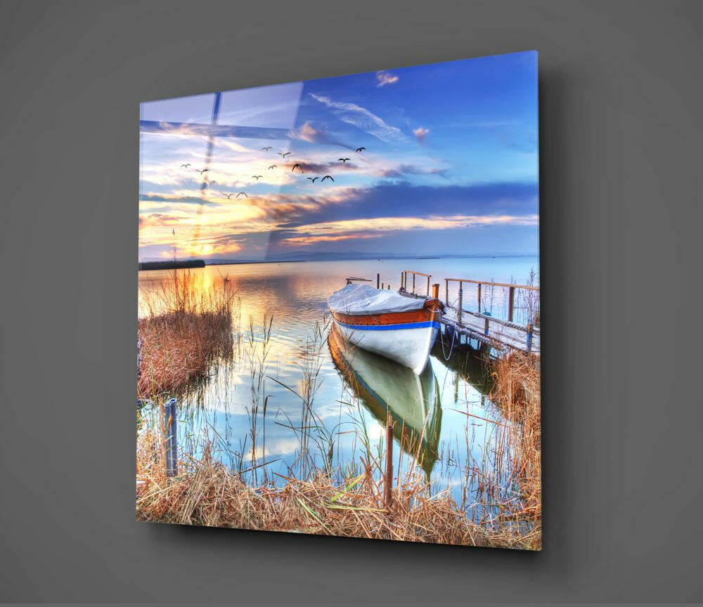 Moored Boat In Lake Reeds Glass Wall Art