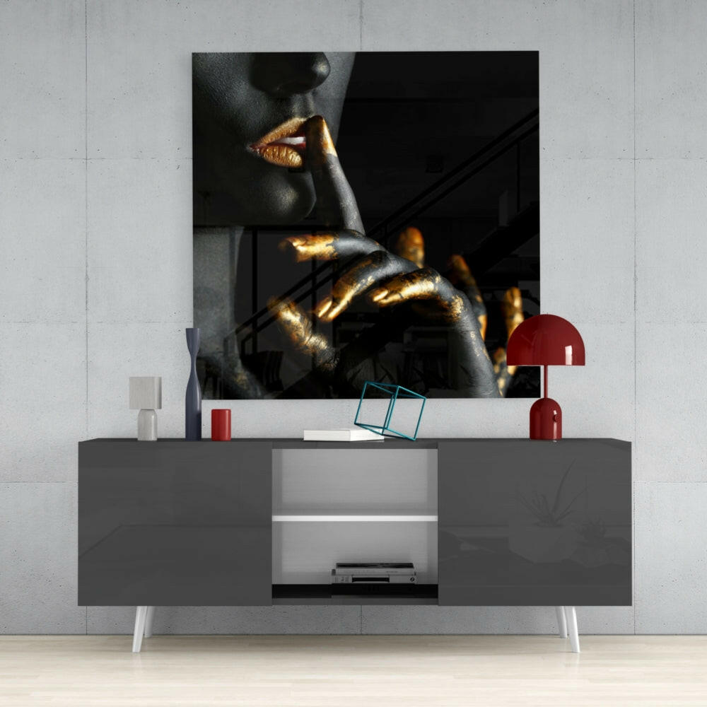 Gold Lips Hush Gesture Square Crop Glass Wall Art
