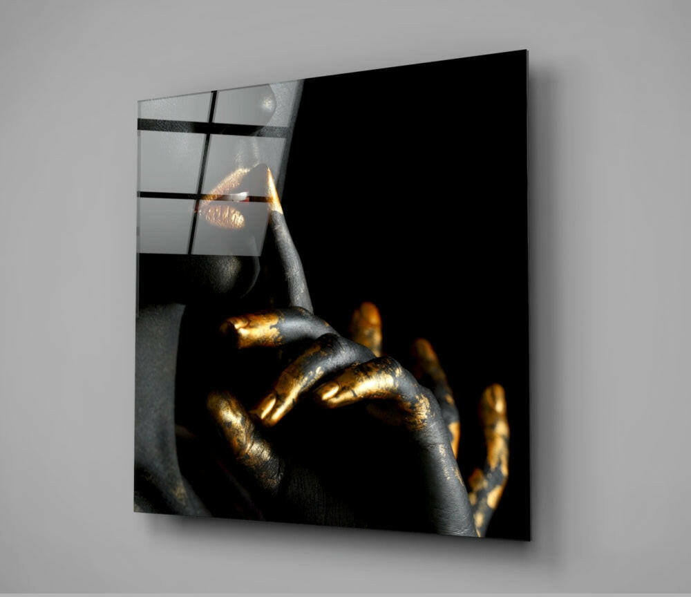 Gold Lips Hush Gesture Square Crop Glass Wall Art