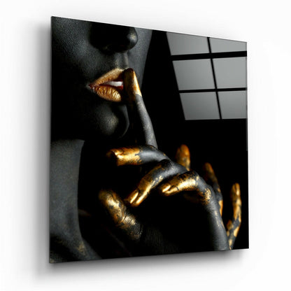 Gold Lips Hush Gesture Square Crop Glass Wall Art